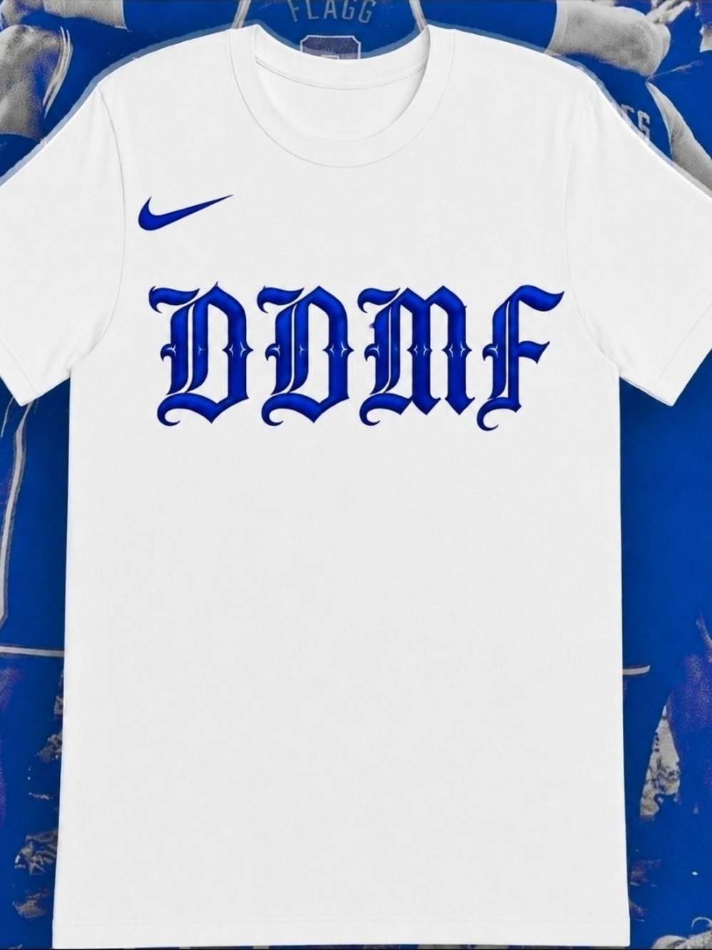 Nike (DUKE)White Short-Sleeve Tee with Royal Blue DDMMF Graphic